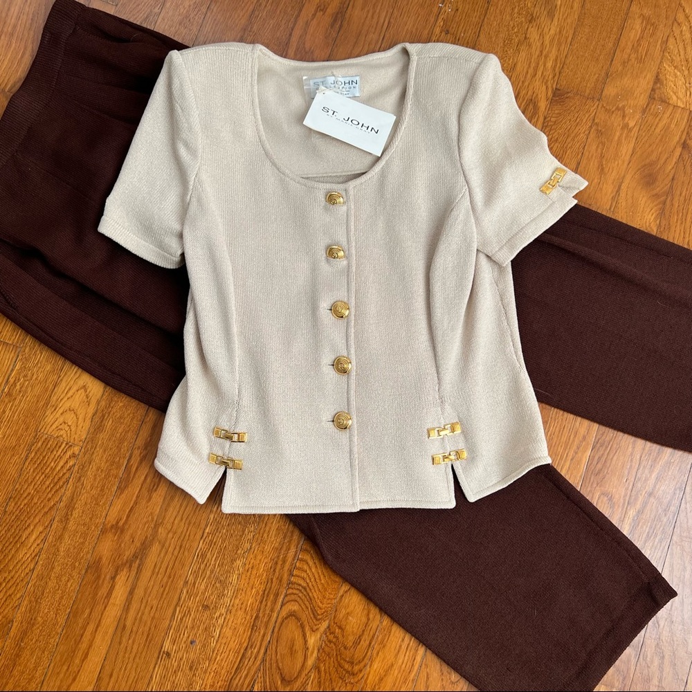 St John Knit Pantsuit Cream and Chocolate Brown With Gold Buttons
